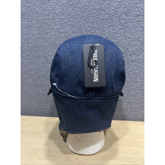 True Religion Trapper Hat Dark Blue Cotton Faux Fur Horseshoe Pockets Chin Strap - Picture 5 of 10